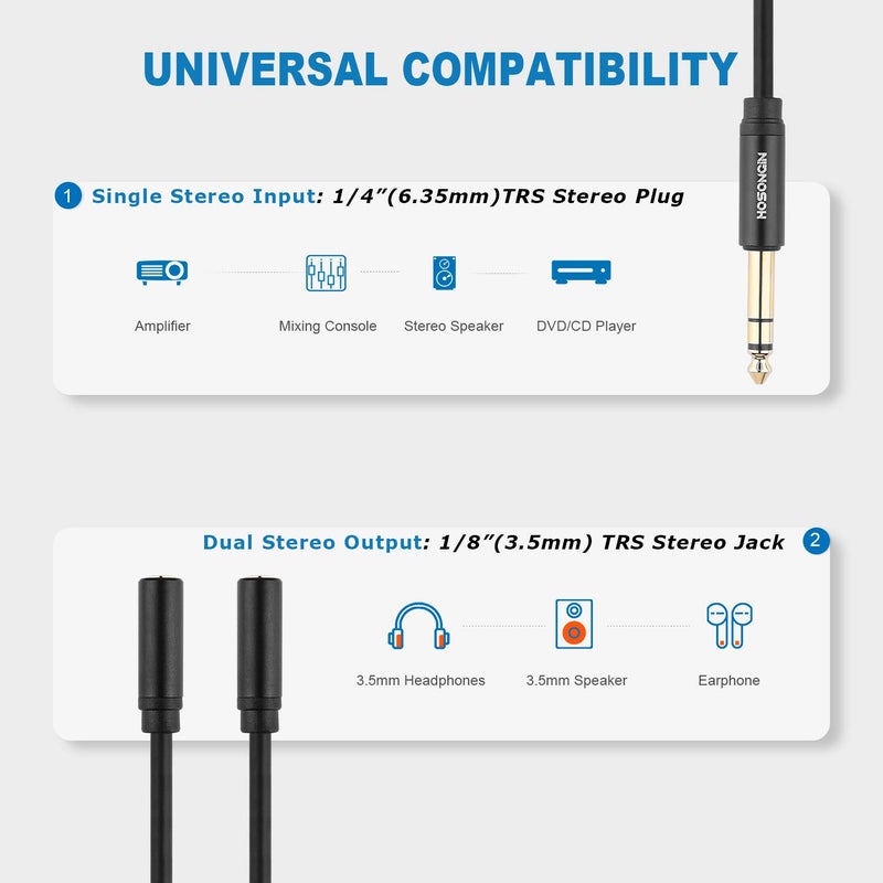 HOSONGIN 1/4 inch TRS to Dual 3.5mm Female Y Cable, 1.5ft, Black Copper Wire & Gold Plated Connectors, Compatible with Headphones - Image 4